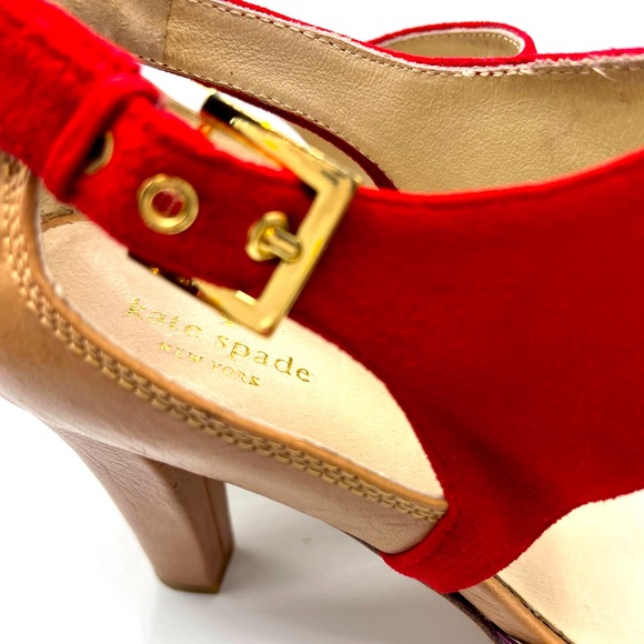 Kate spade open toe tan heels with red suede and purple patent leather size 7M - Picture 3 of 9